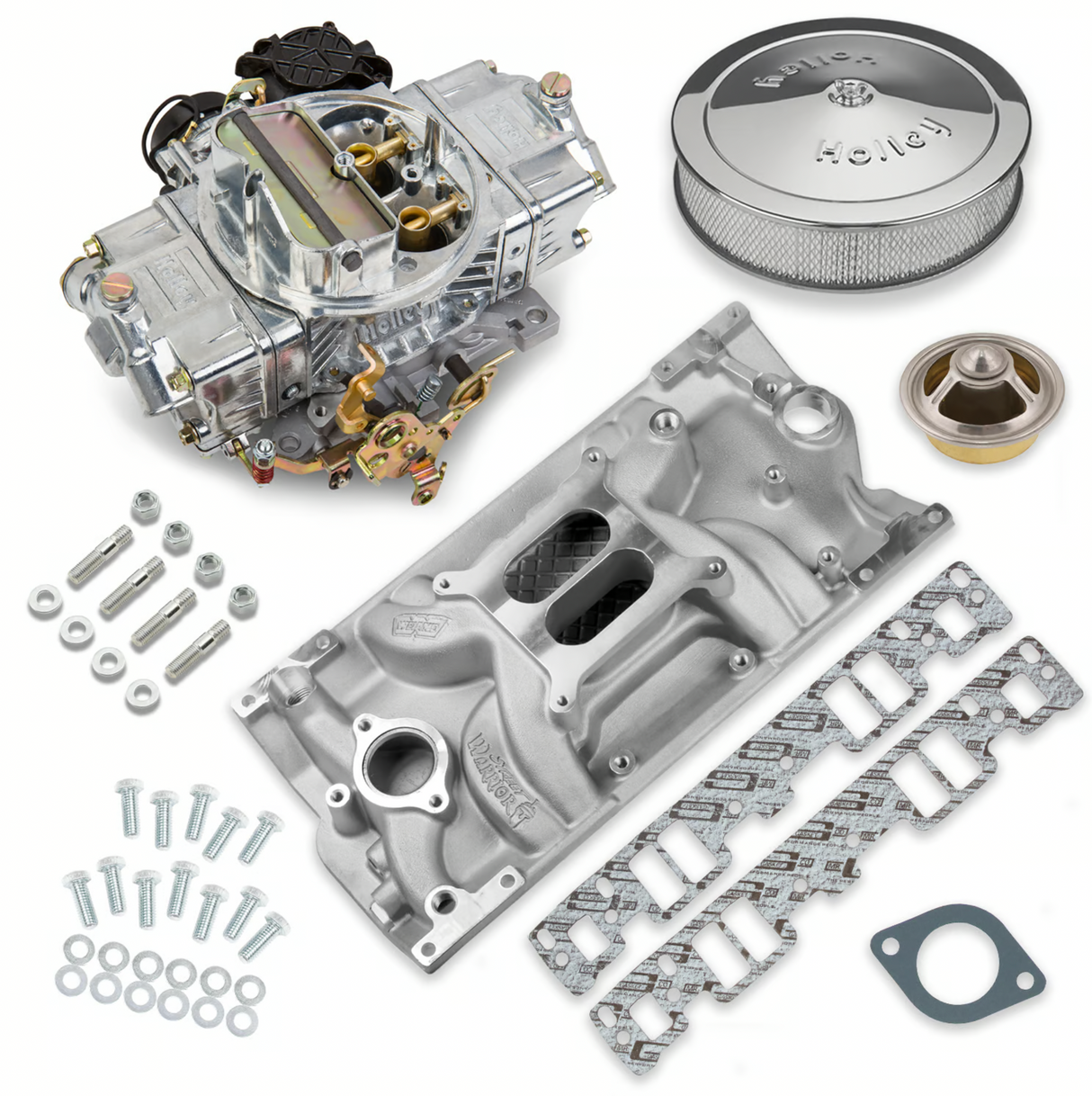 Holley® #VK060089 Classic Carburetor and SBC Vortec Intake Manifold Combo (750 CFM - 4160 - Vacuum Secondaries - Shiny - Gasoline)