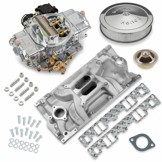 Holley® #VK060052 Classic Carburetor and SBC Intake Intake Manifold Combo (750 CFM - 4160 - Vacuum Secondaries - Shiny - Gasoline)