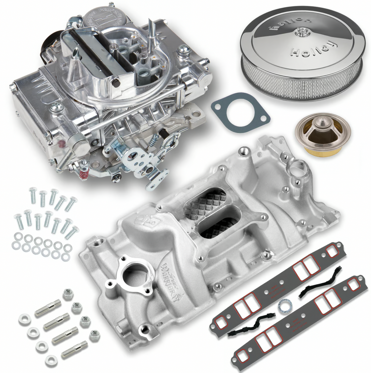 Holley® #VK060035 Street Warrior Carburetor and SBC Vortec Intake Manifold Combo (600 CFM - 4160 - Vacuum Secondaries - Shiny - Gasoline)