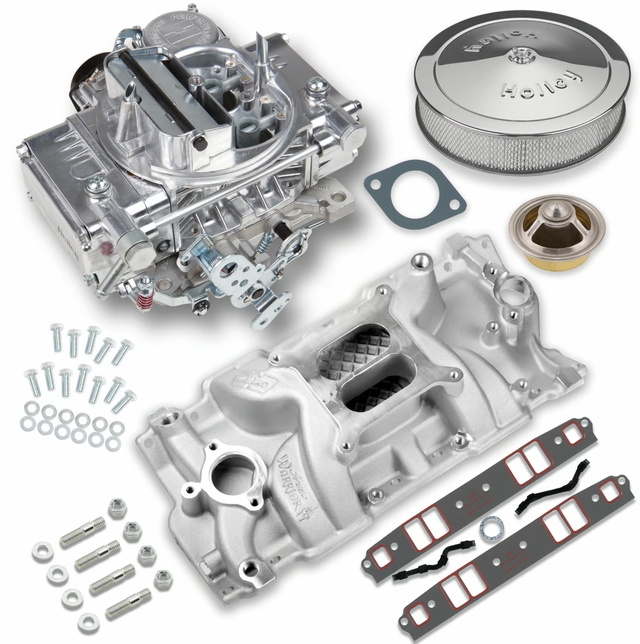 Holley® #VK060035 Street Warrior Carburetor and SBC Vortec Intake Manifold Combo (600 CFM - 4160 - Vacuum Secondaries - Shiny - Gasoline)