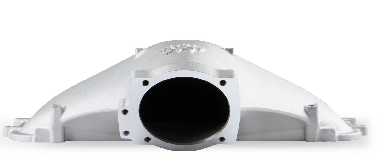 Holley® #300-309 Ford 351 Windsor Hi-Ram Cast Intake Manifold with 95mm 1986-95 Ford 5.0 Throttle Body Flange Side Mount Top.