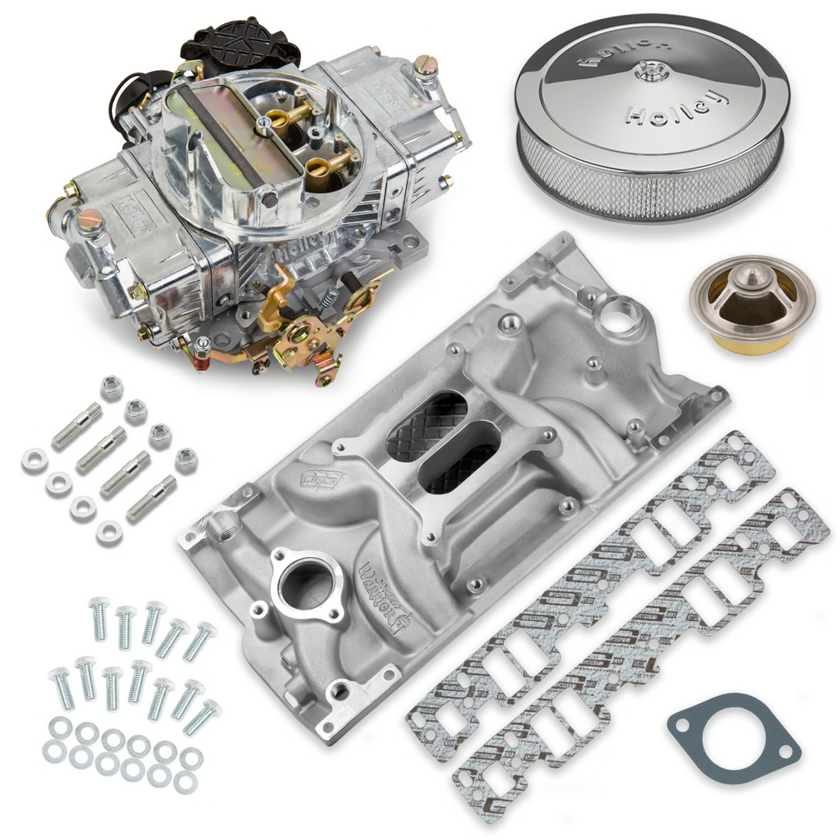 Holley® #VK060034 Street Avenger Carburetor and SBC Vortec Intake Manifold Combo (670 CFM - 4150 - Vacuum Secondaries - Shiny - Gasoline)