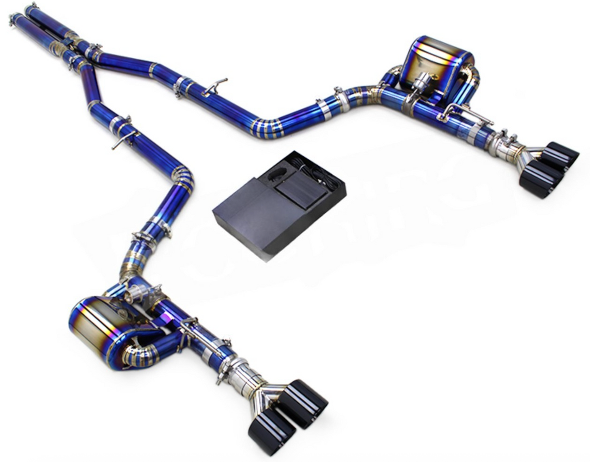 King Racing® (15-23) Dodge Challenger SRT Blue Titanium 3" Valved Cat-Back Exhaust with Quad 4" OD Tips