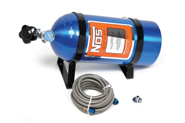 NOS® Nitrous Bottle with Black Finish & Super Hi Flo Valve with Mounting Brackets & Gauge - 10 Second Racing