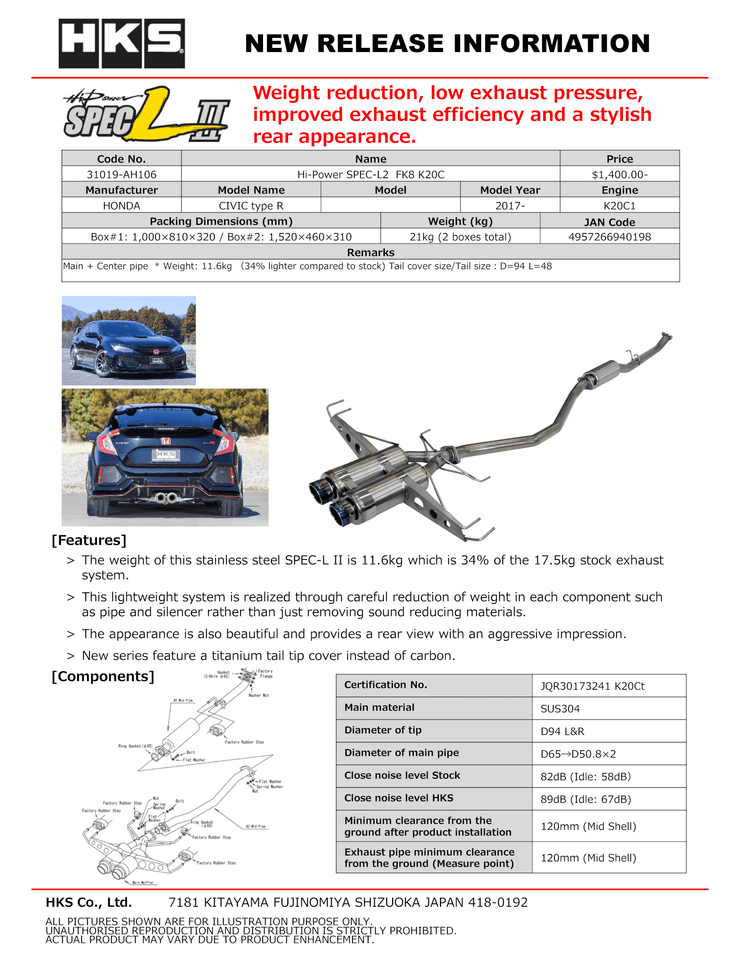 HKS® (17-21) Civic Type-R SPEC-L 3" 304SS Cat-Back System