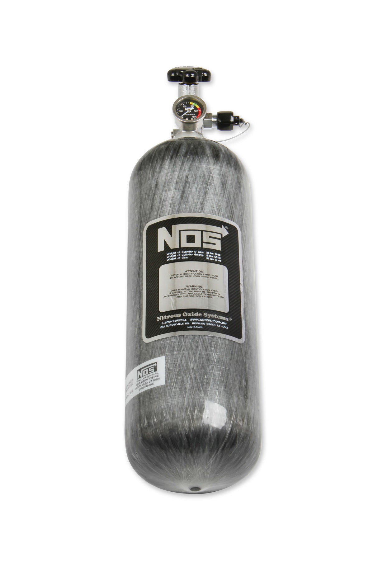 NOS® 12 lb 9 oz Nitrous Bottle w/ Carbon Fiber Finish & Super Hi Flo Valve - Includes Racer Safety Blow-Off - 10 Second Racing