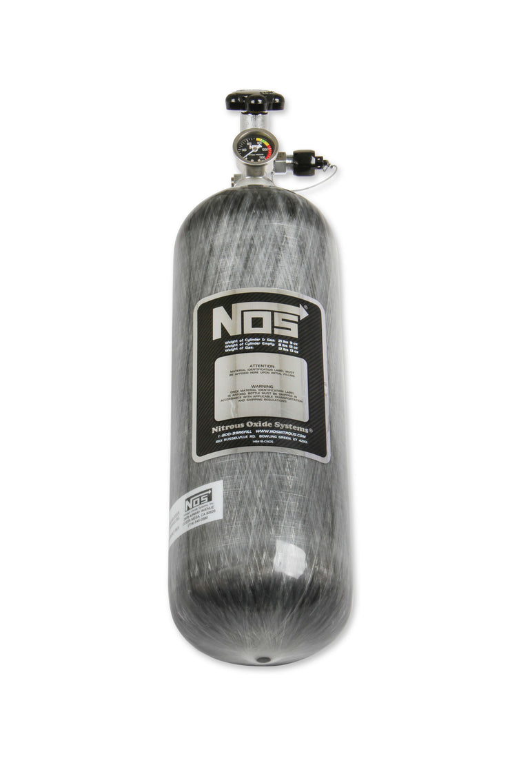 NOS® 12 lb 9 oz Nitrous Bottle w/ Carbon Fiber Finish & Super Hi Flo Valve - Includes Racer Safety Blow-Off - 10 Second Racing