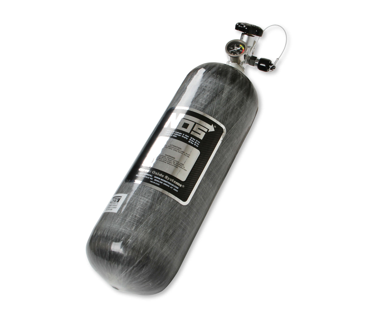 NOS® 12 lb 9 oz Nitrous Bottle w/ Carbon Fiber Finish & Super Hi Flo Valve - Includes Racer Safety Blow-Off - 10 Second Racing