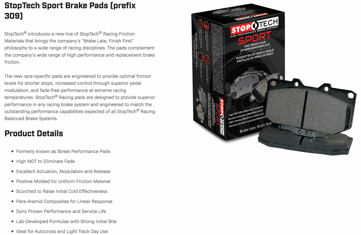 Stoptech® (09-16) Audi A4/A5/S4/S5 Sport Performance Brake Pads