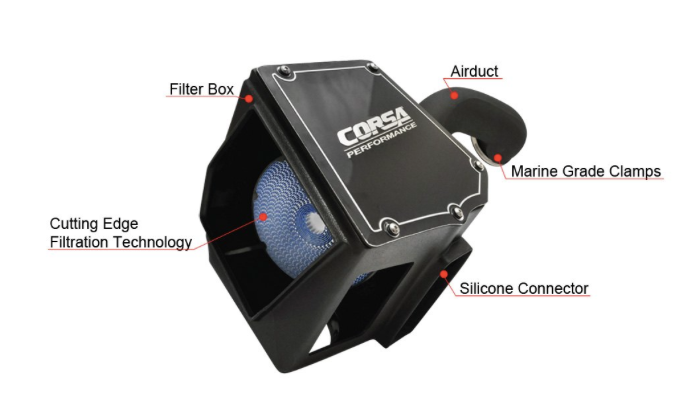 Corsa® 616957-O - APEX Series Shielded Box Steel Wrinkle Black Cold Air Intake System with MaxFlow 5 Layer Oiled Blue Filter 